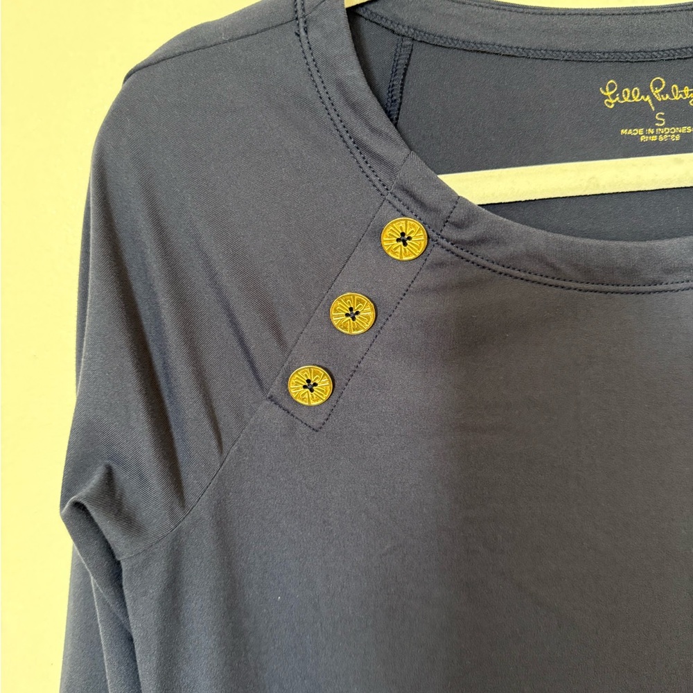 Navy Blue 3/4 Sleeve Dress with Button Accents - Picture 6 of 7